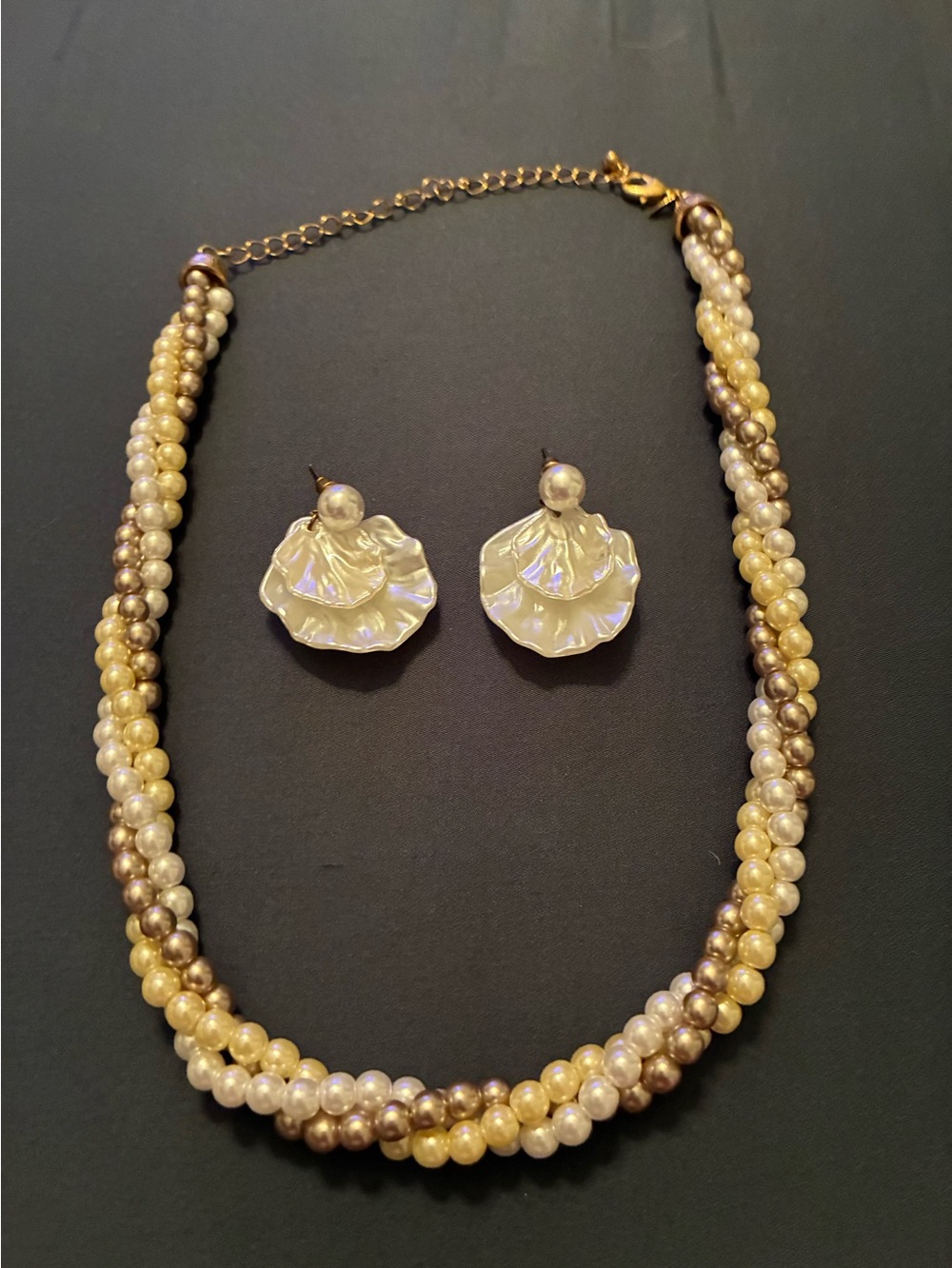 Pearl-Effect Shell Drop Earrings and matching tri-color pearl-effect necklace